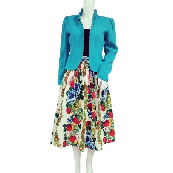 Bianca High Waisted Prairie Floral Twee Pleated A-Line Midi Skirt Multicolor M
